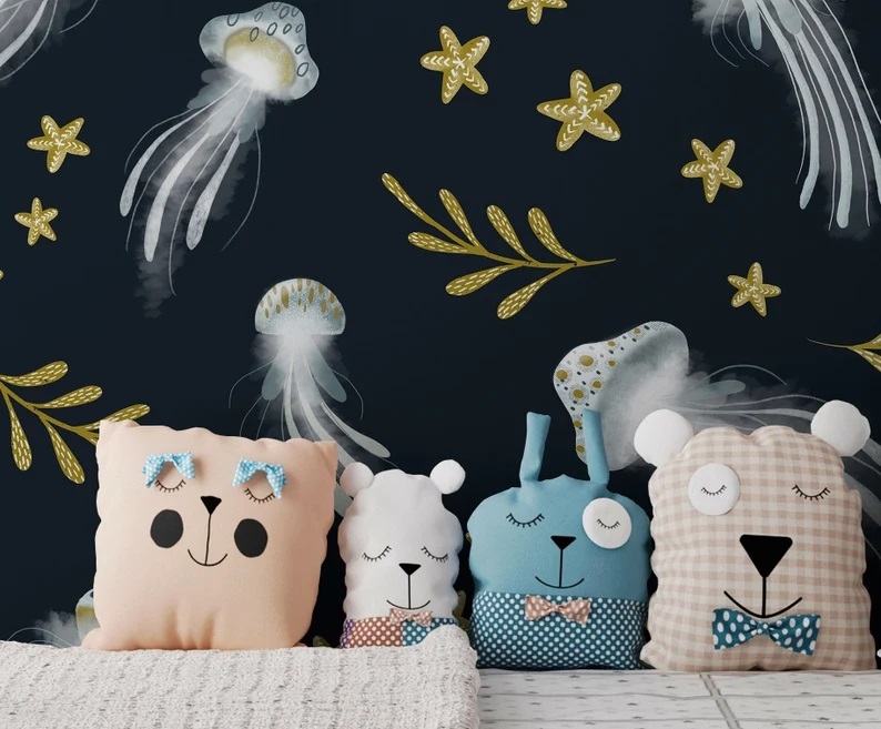 Tapete - Qualle Navy / Abziehen und Aufkleben