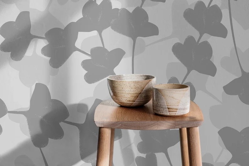 Tapete - Zierblumen / Grau / Abziehen und Aufkleben