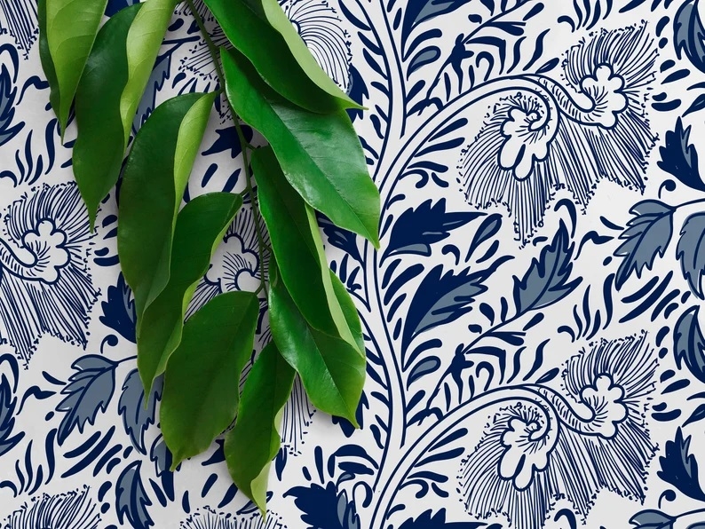 Tapete - Zierblumen / Blau / 02 / Abziehen und aufkleben