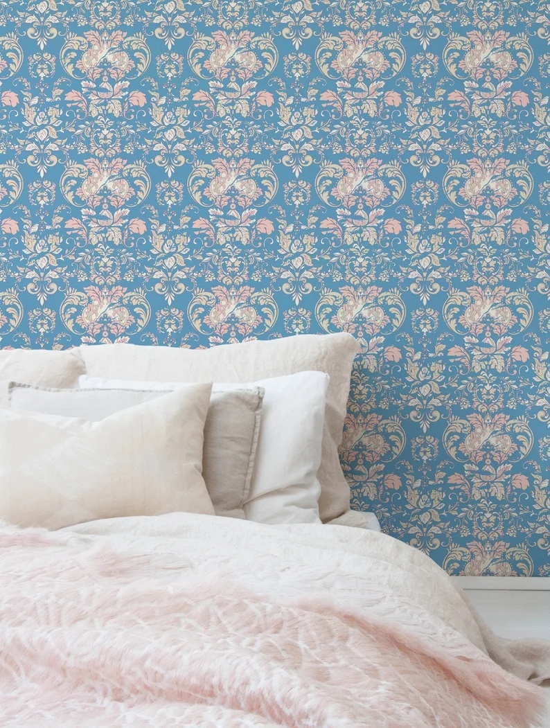 Tapete - Zierblumen / Blau und Pink / Abziehen und Aufkleben