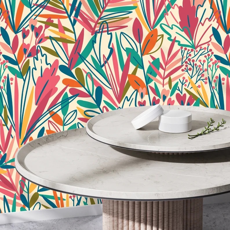 Tapete - Blumen/ Rosa und Orange / Abziehen und Aufkleben