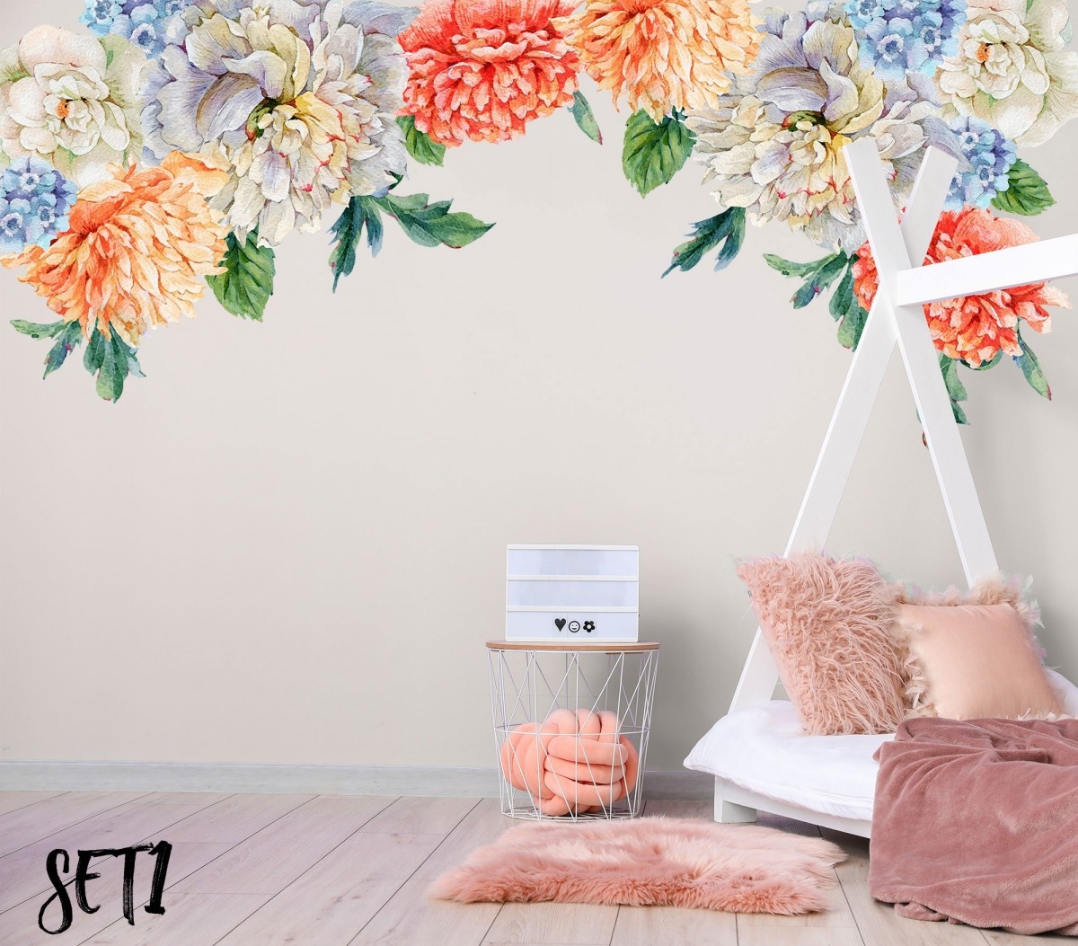 Wandtattoo - Orangefarbene Pfingstrose mit Blumenmuster