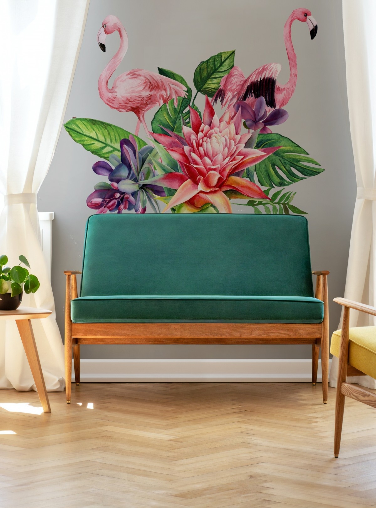 Wandtattoo - Tropisches Protea mit Blumen mit Flamingo