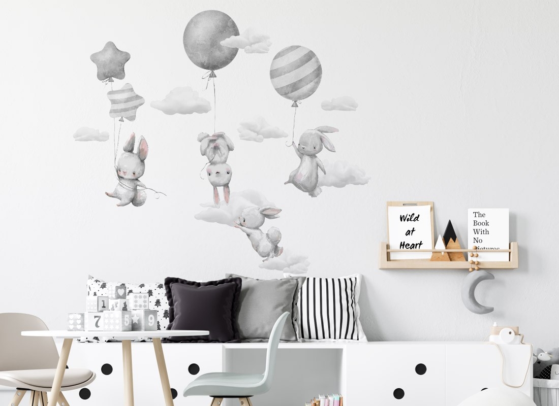 Wandtattoo - Hasen mit grauen Luftballons