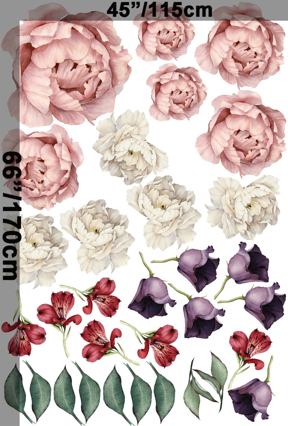 Wandsticker - Weiße rosa Pfingstrose mit Blumen in Rot und Lila