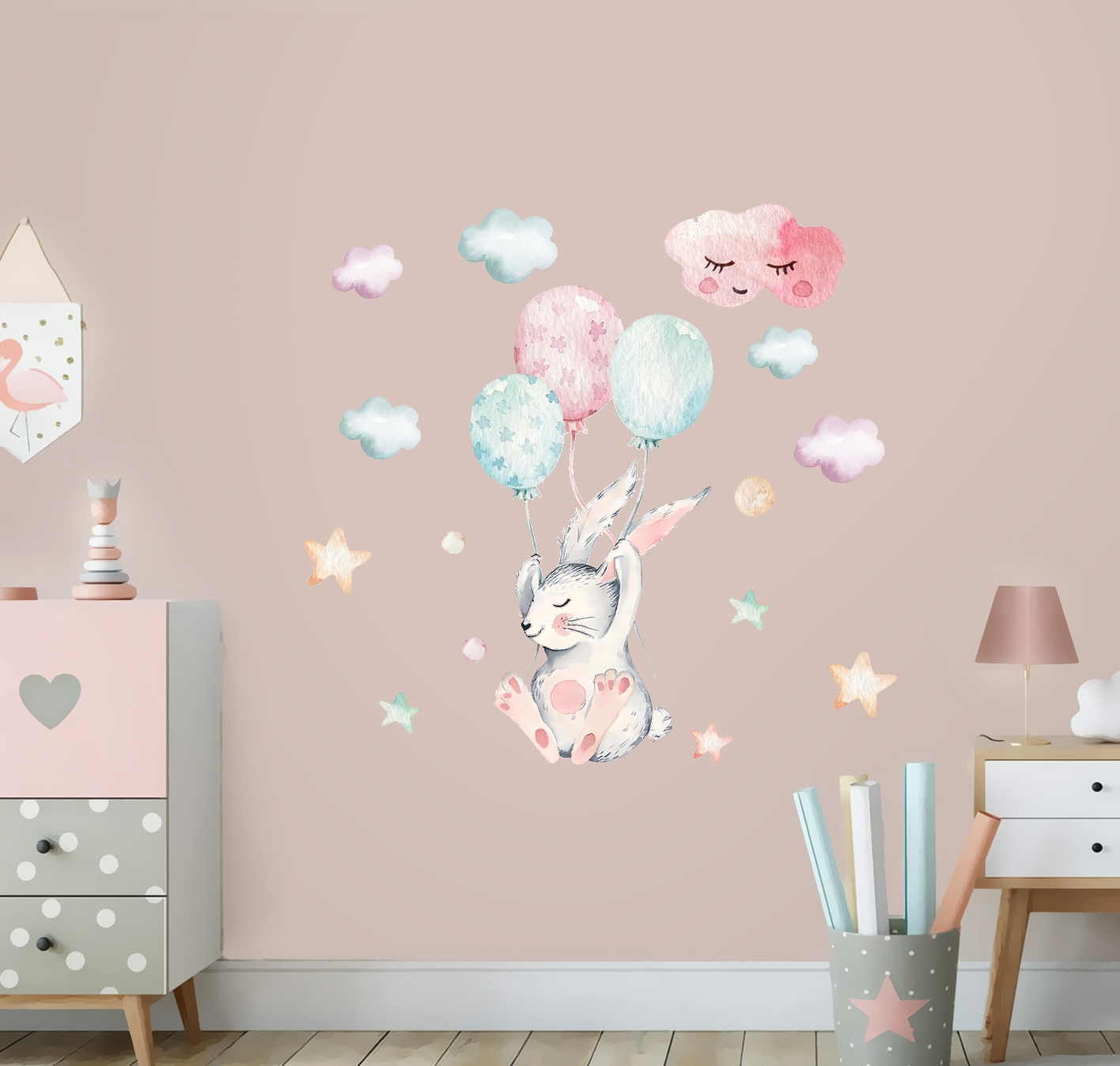 Wandtattoo - Hase fliegt mit Luftballons