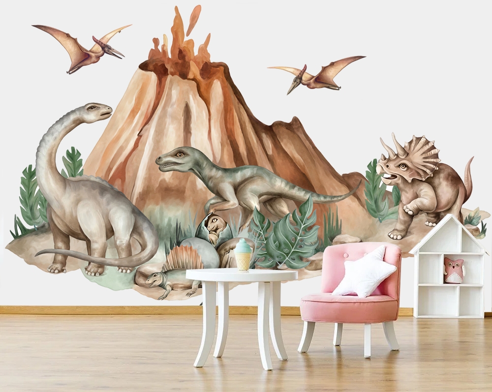 Wandtattoo - Vulkan und Dinosaurier