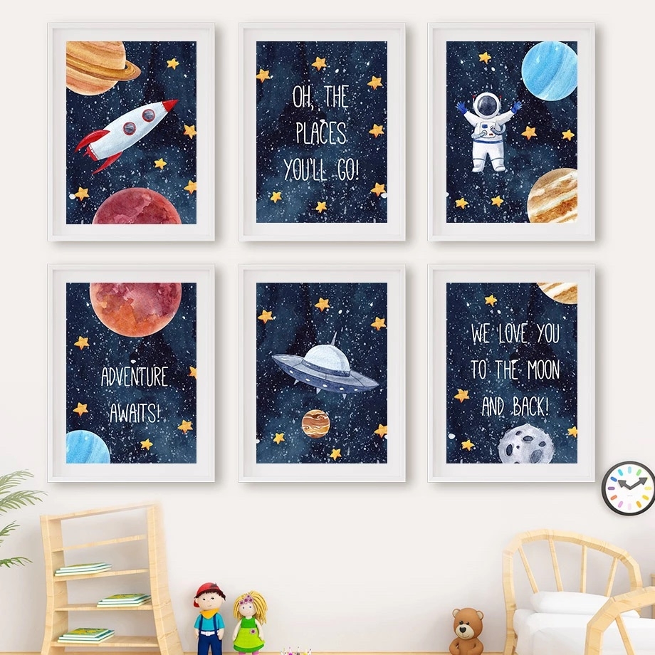 Poster - Weltraum und Rakete / ADVENTURE AWAITS / 6er-Set