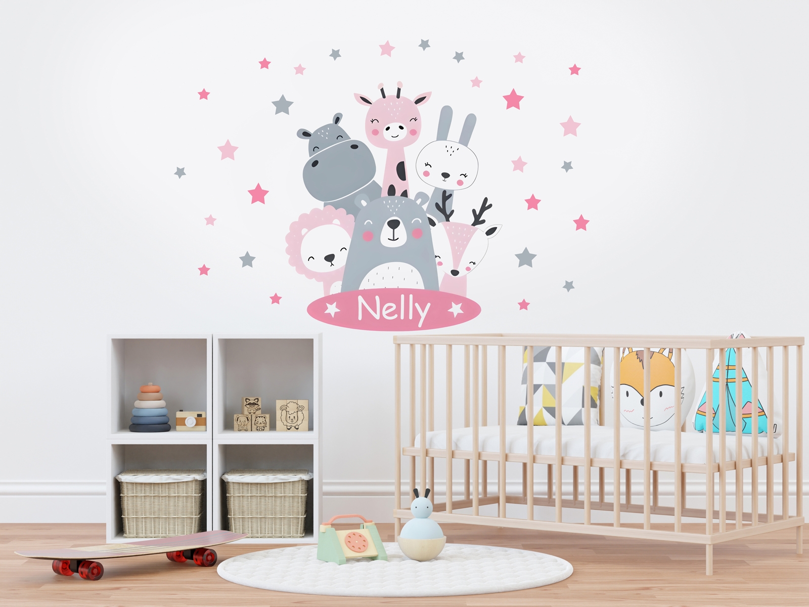 Wandtattoo - Tiere und Sterne / Text personalisieren / Rosa