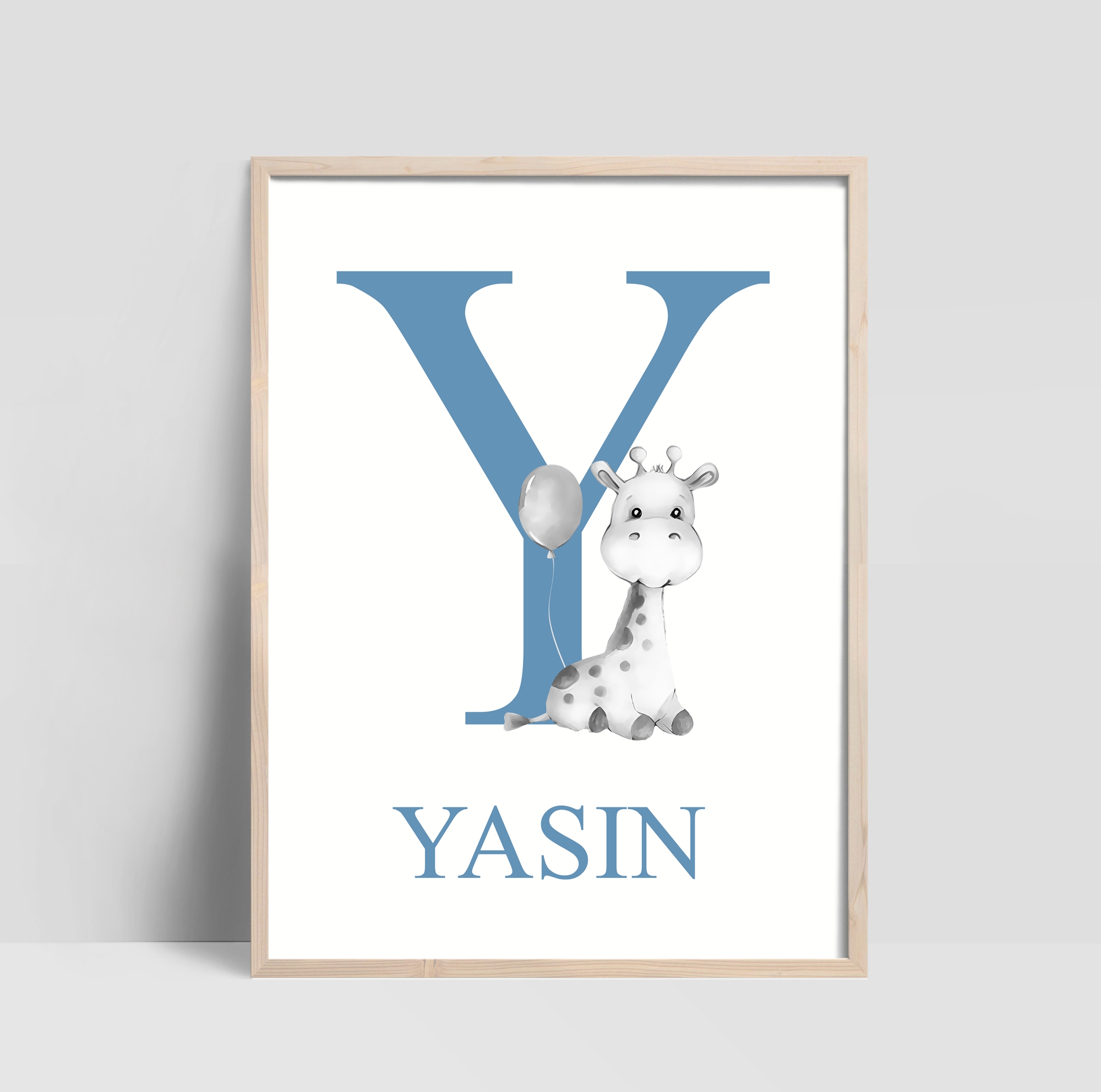 Poster - Giraffe mit Ballon / Blau / Kundenspezifischer Text