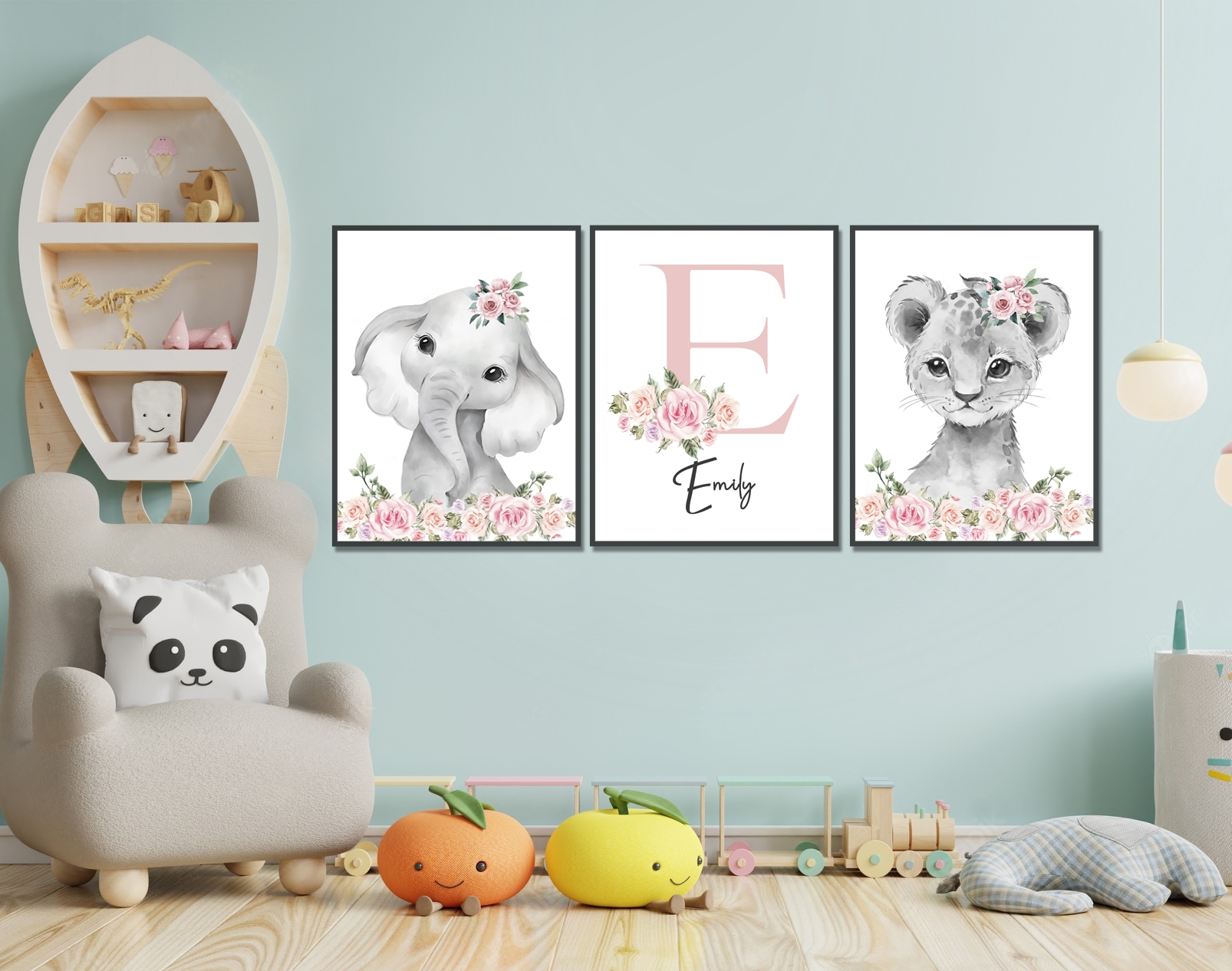 Poster - Elefant u Löwe / Benutzerdefinierter Text / 3er-Set