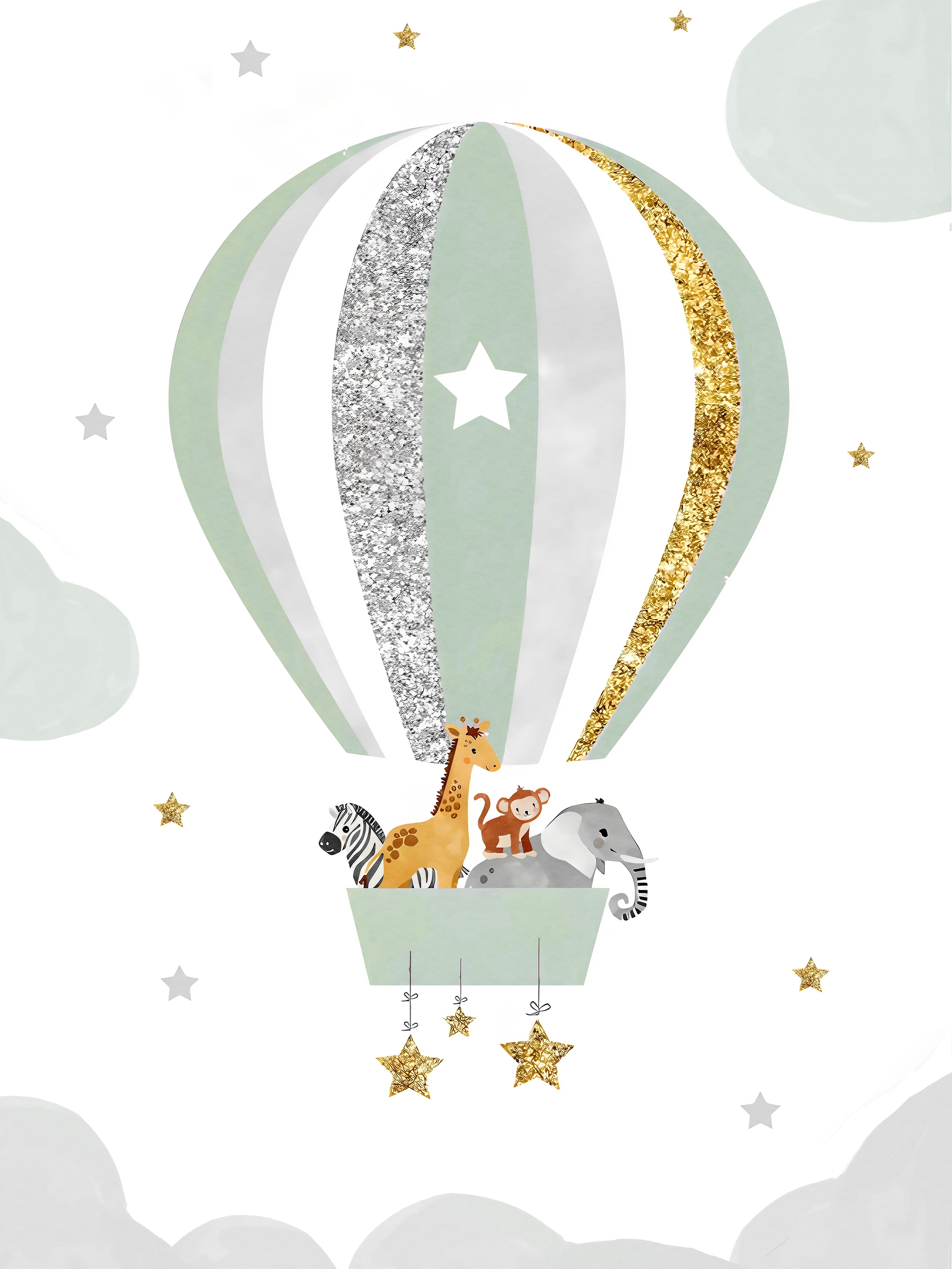 Plakat - Tiere im Heißluftballon / Pastellgrün