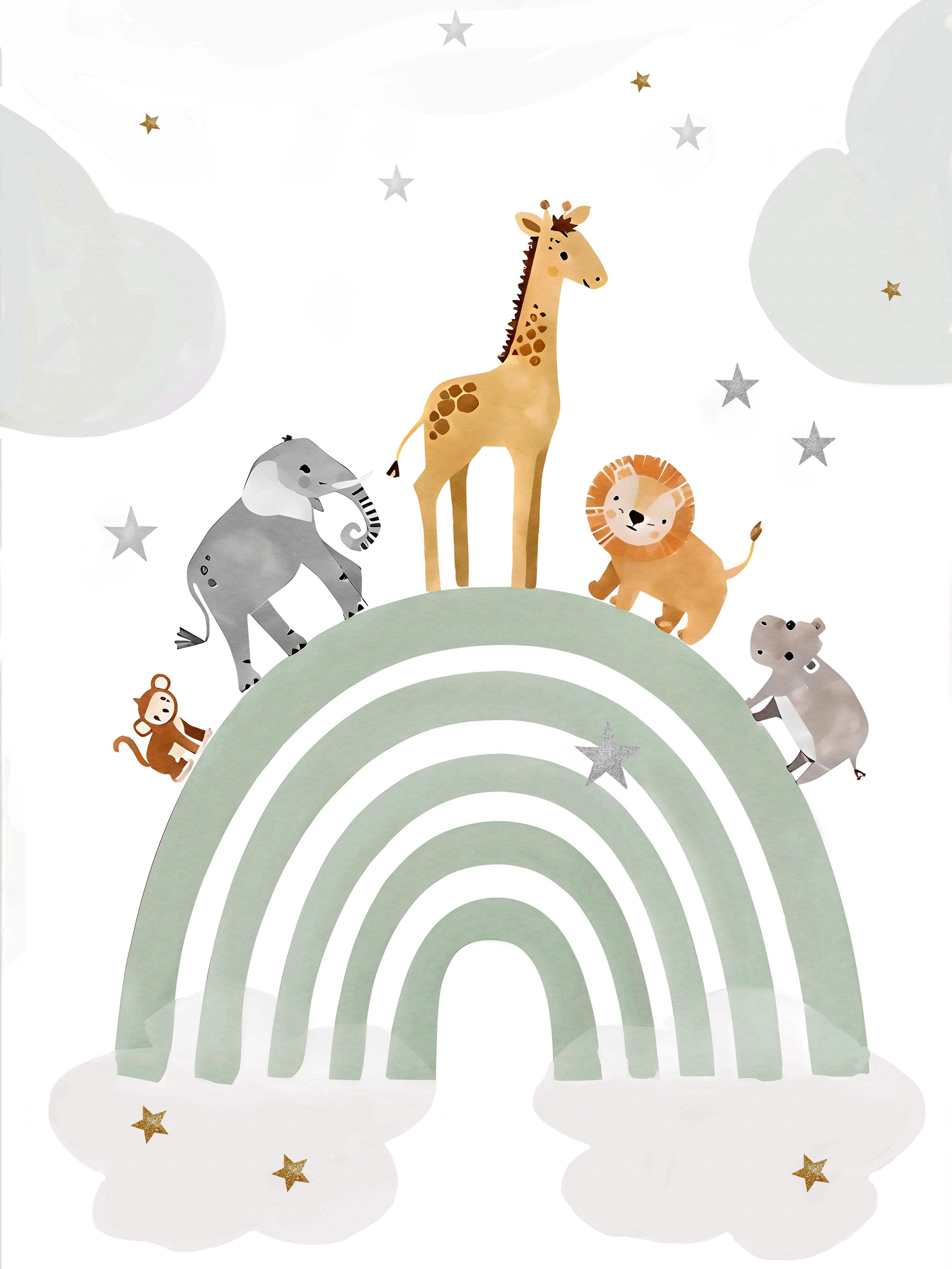 Plakat - Tiere auf Regenbogen / Pastellgrün