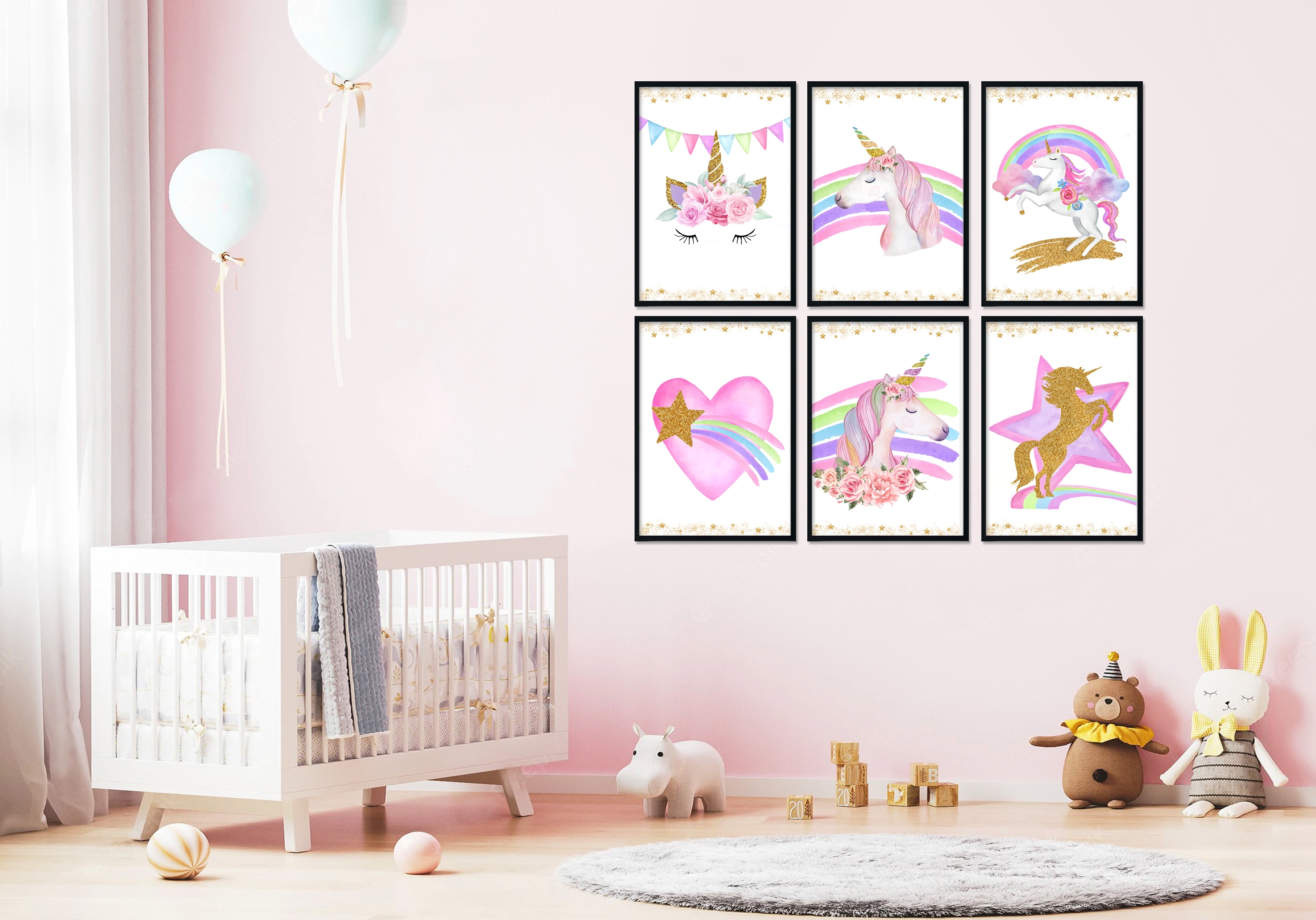 Poster - Einhorn - Goldener Rand / 6er-Set