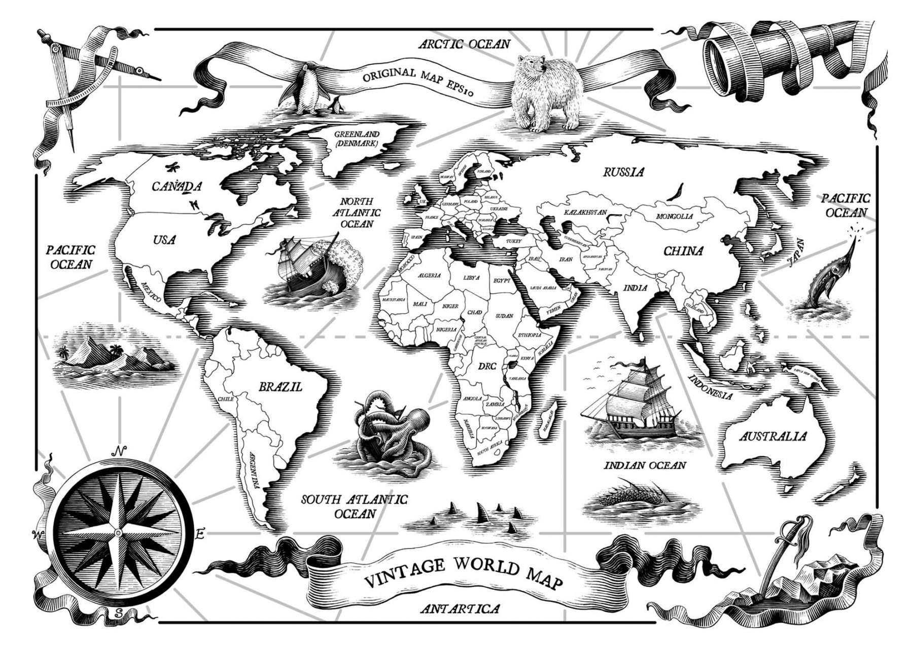 Wandtattoo - Vintage Weltkarte