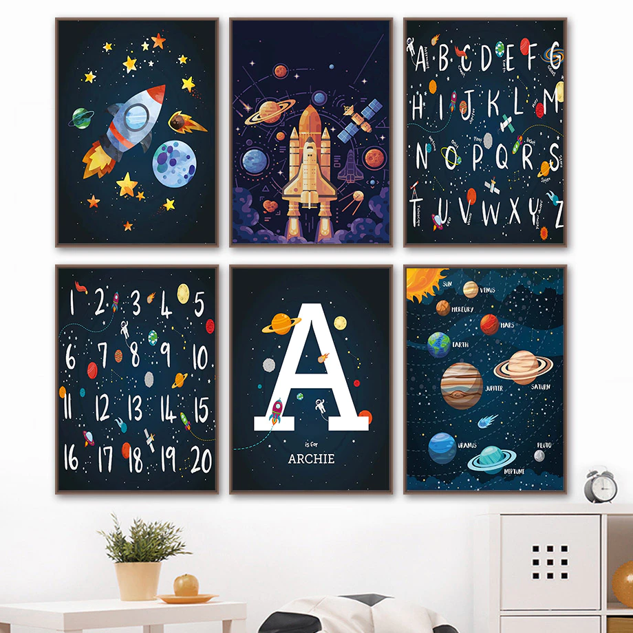 Poster - Planeten, Raketen, Alphabete und Zahlen / Personalisiert / 6er-Set