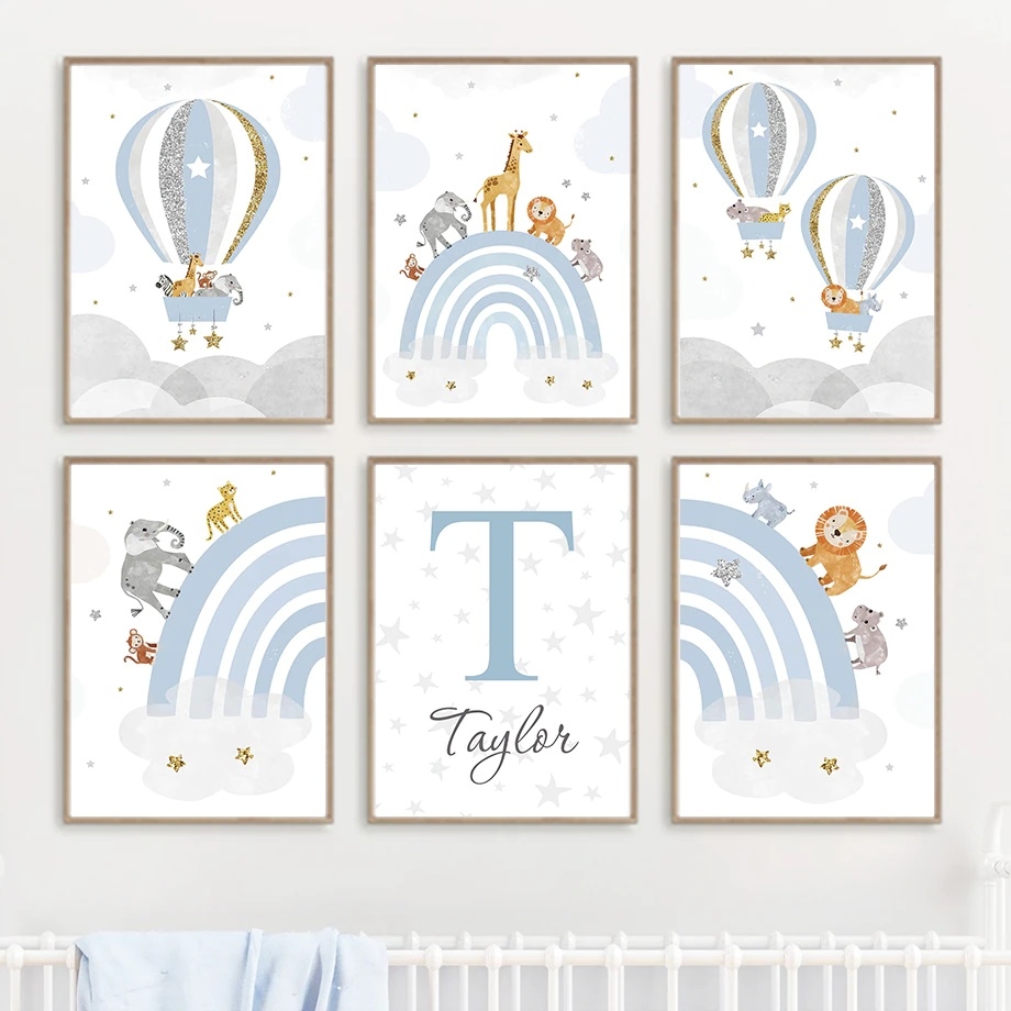 Poster - Regenbogen und Heißluftballons / Benutzerdefinierter Text / Blau / 6er-Set