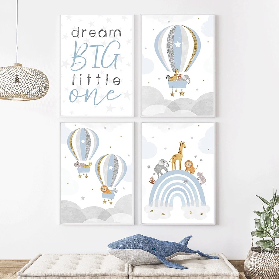 Poster - Regenbogen und Heißluftballons / Blau / 4er-Set