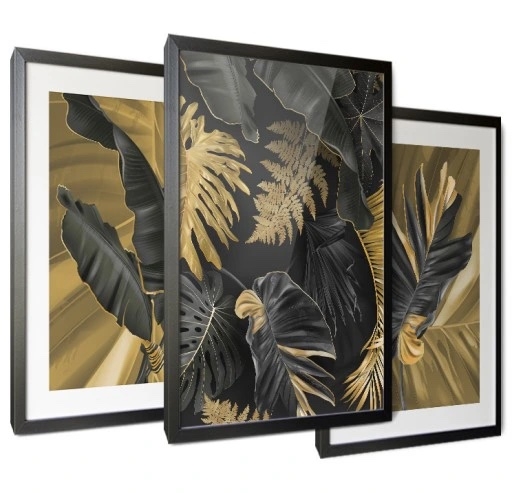 Poster - Blätter / Gold und Schwarz - 02 / 3er-Set