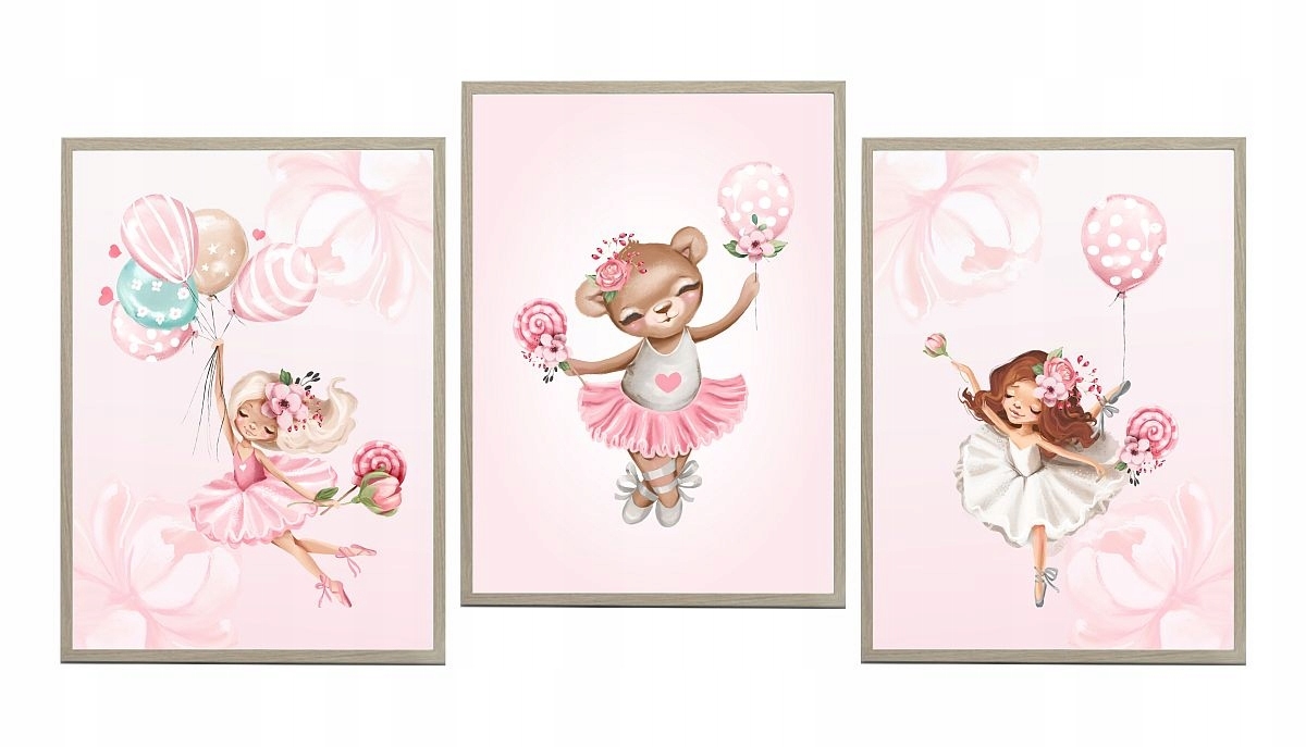 Poster - Ballerina, Bär mit Rosen / 3er-Set