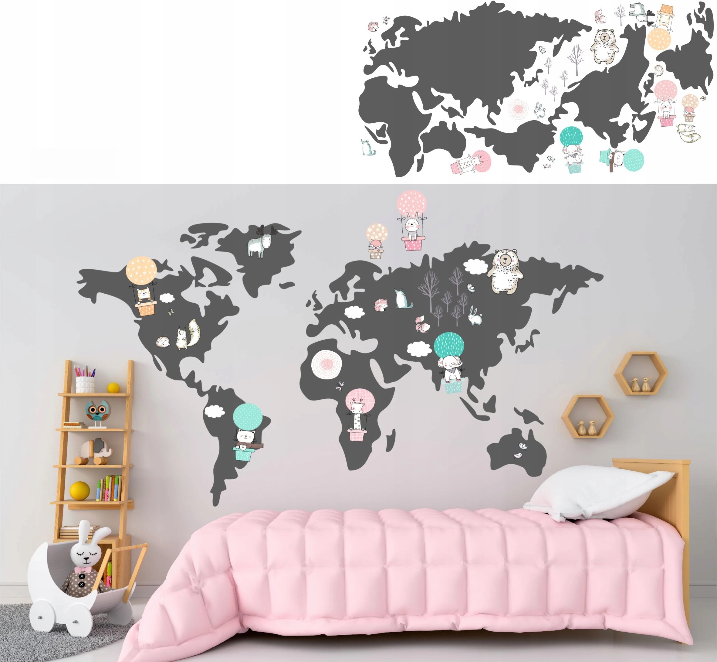 Wandtattoo - Karte mit Tieren und Heißluftballons / 02