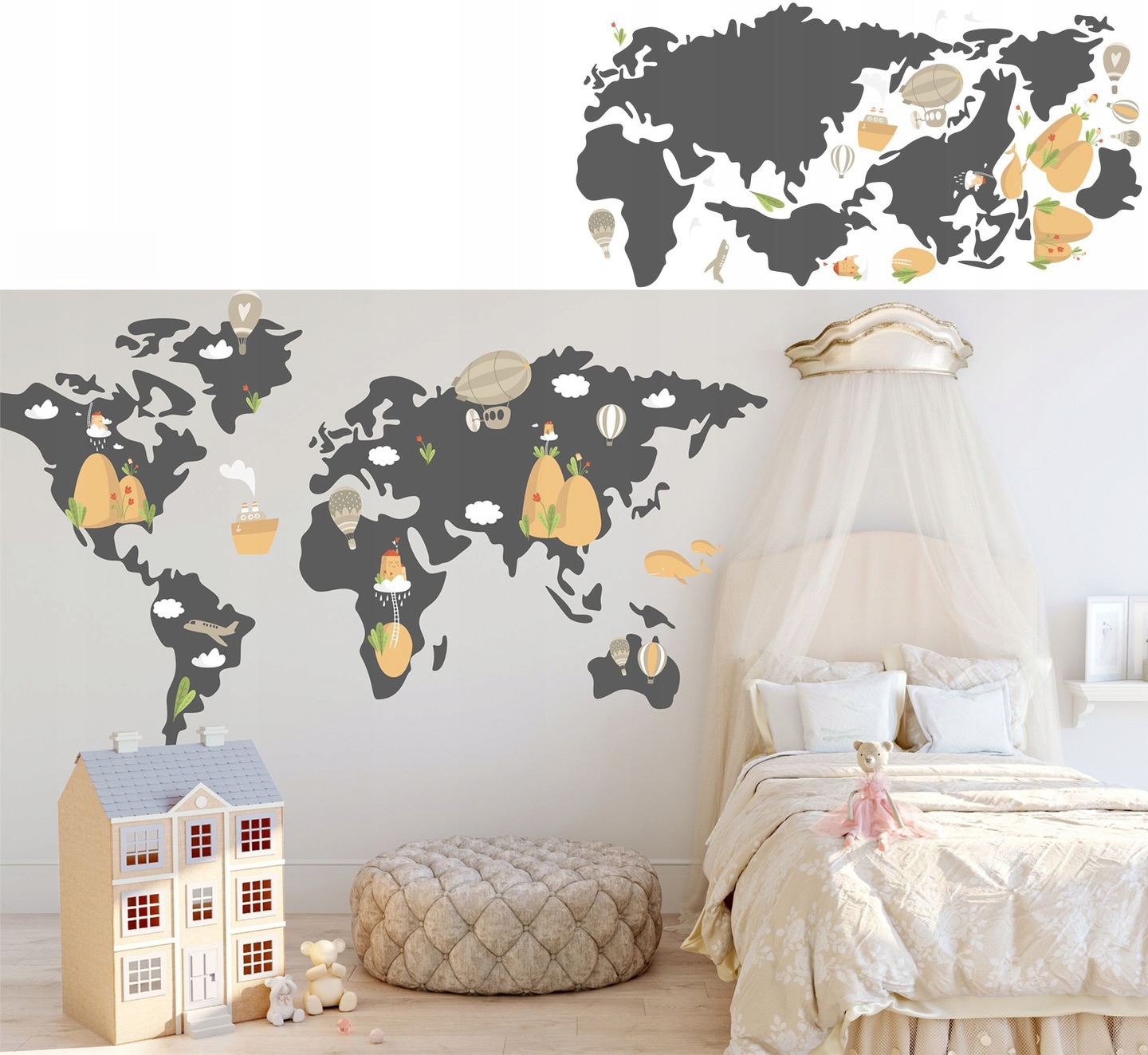 Wandtattoo - Karte mit Wolken und Flugzeugen