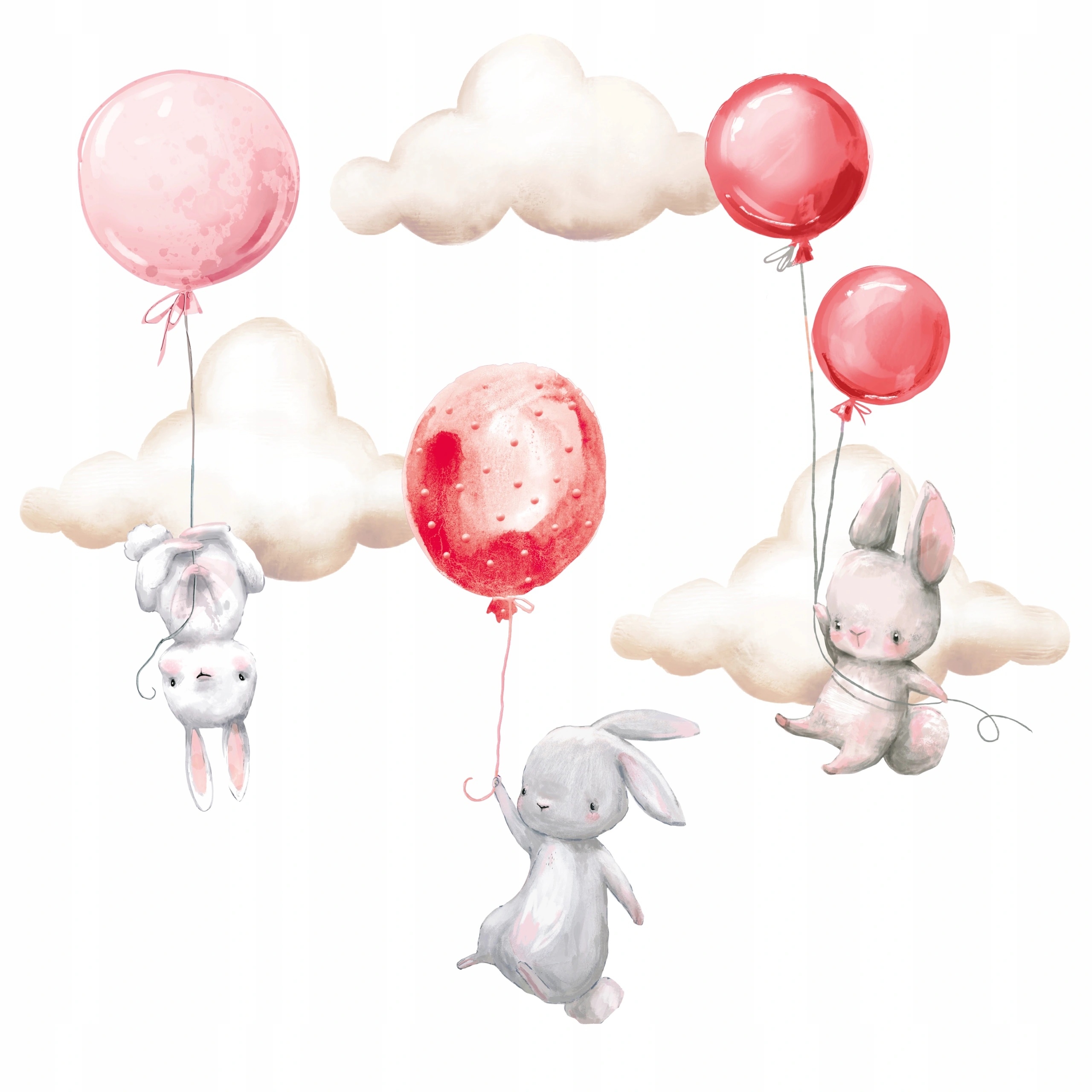 Wandtattoo - Hasen mit Luftballons und Wolken / Rot