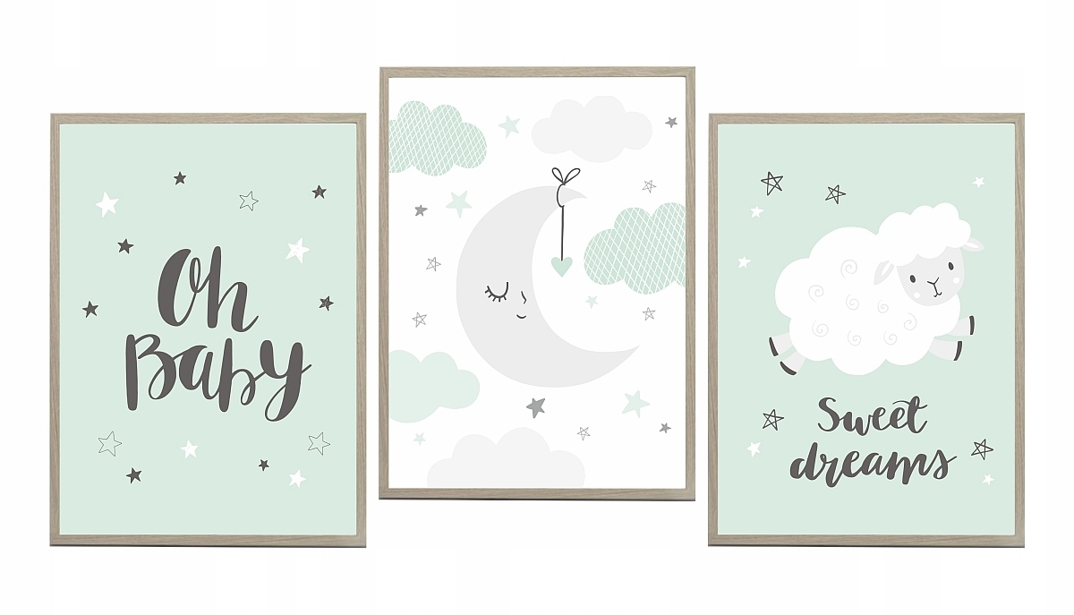 Poster – Minzfarbene Designs / Wolken und Mond / 3er-Set