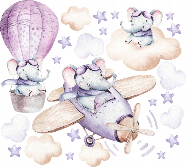 Wandtattoo - Elefanten im Flugzeug und Heißluftballon