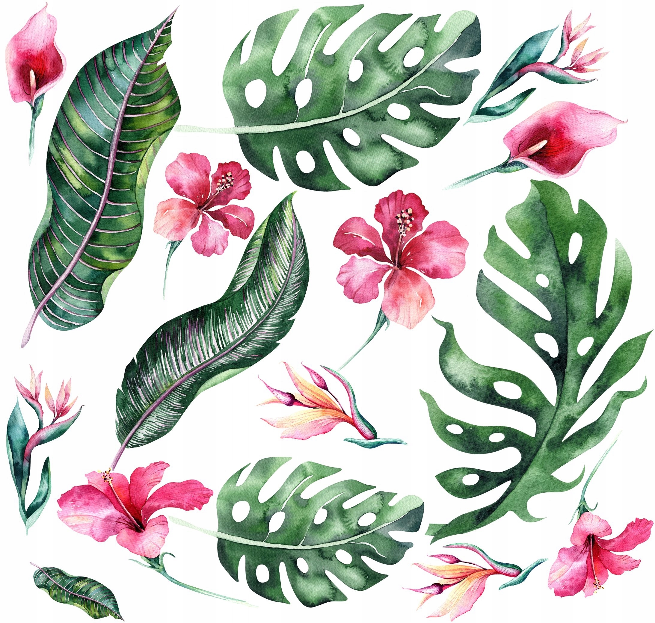 Wandtattoo - Monstera-Blätter und Blumen