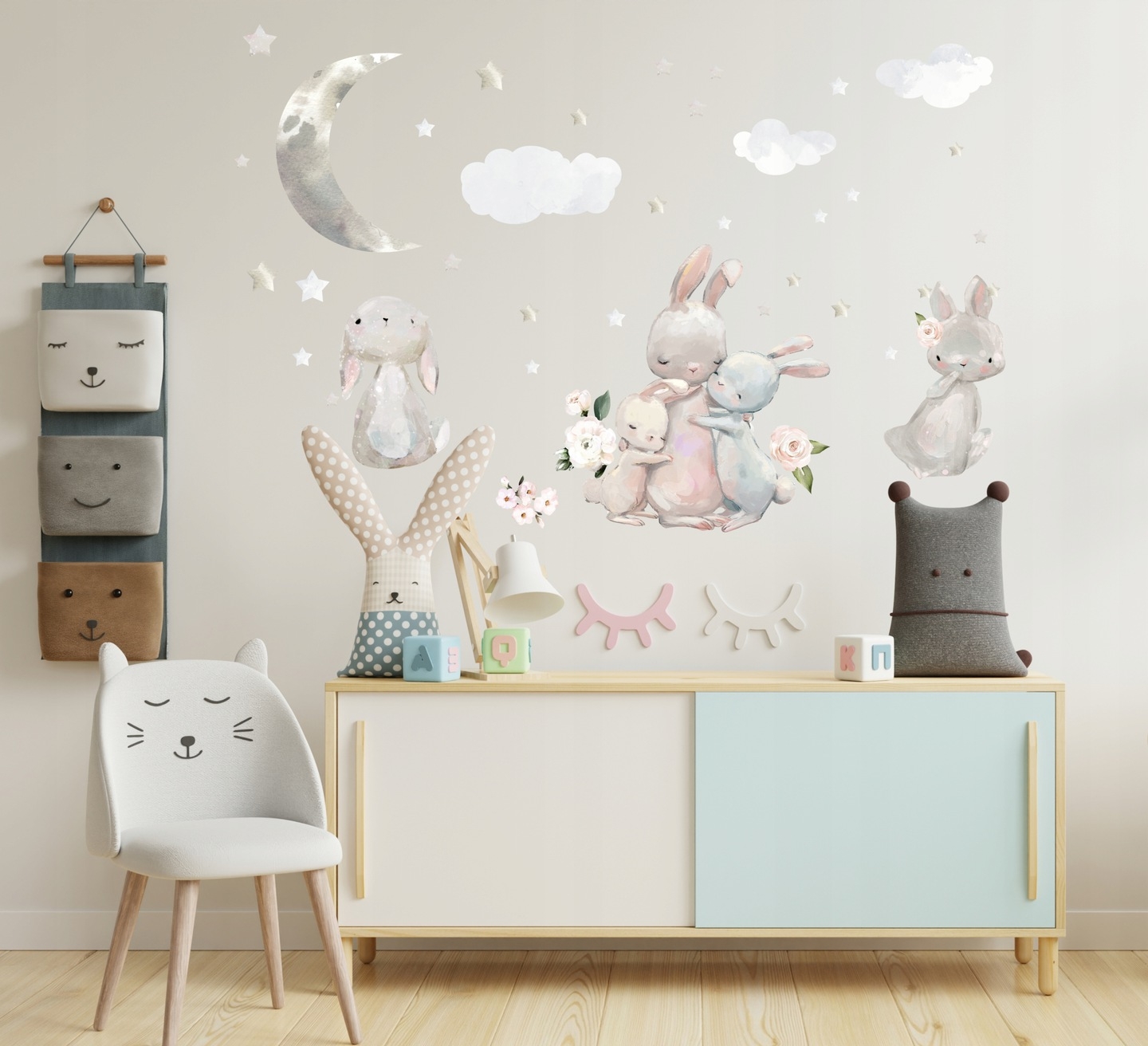 Wandtattoo - Hasen mit Sternen und Wolken