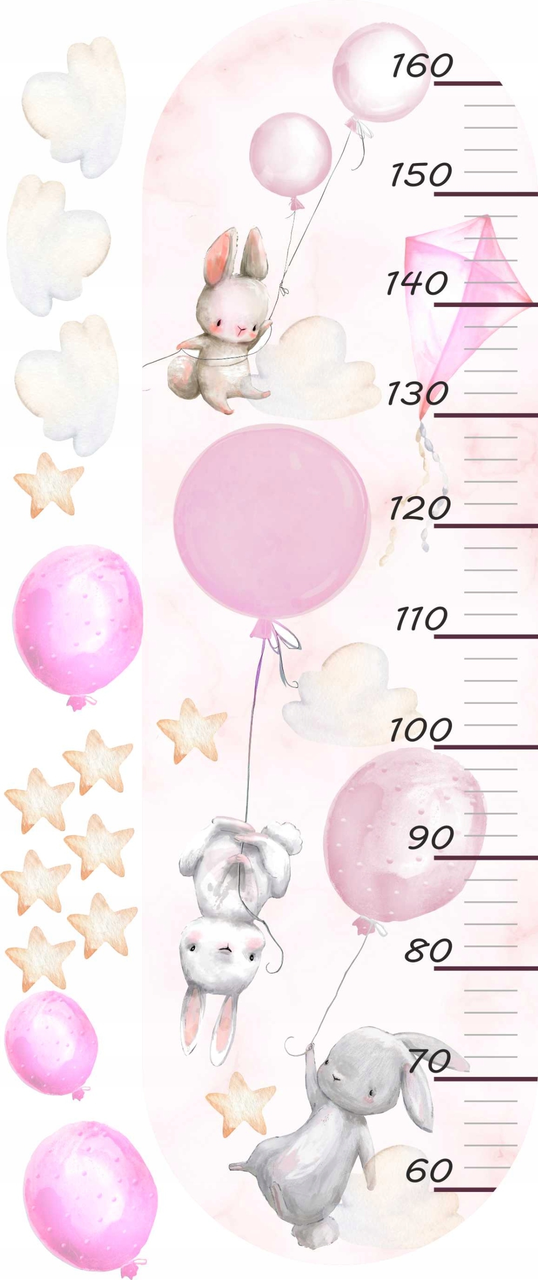 Wandtattoo - Hasen mit rosa Luftballons / Höhenmaß