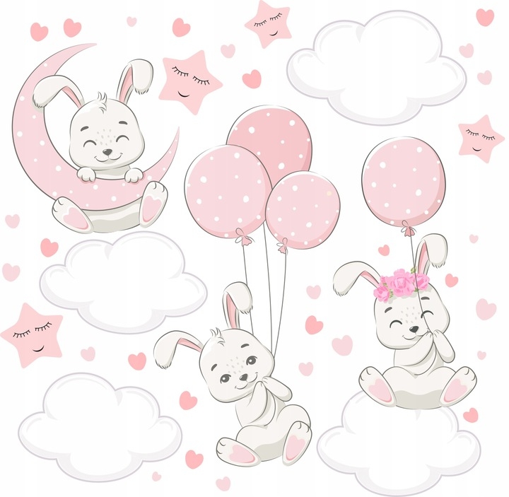 Wandtattoo - Hasen mit Wolken und Ballons