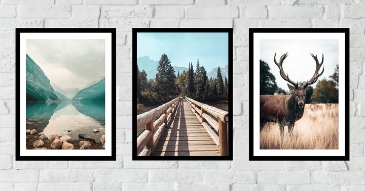 Poster - Berg, Brücke und Hirsch / 3er-Set