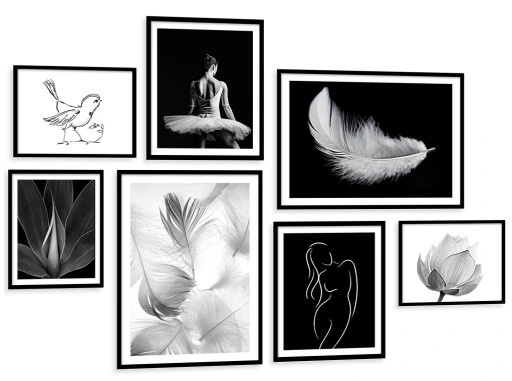 Poster - Federn, Mädchen und Strichzeichnungen / 7er-Set