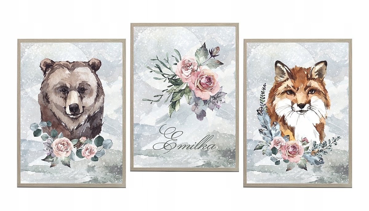 Poster - Bär und Fuchs mit Blumen / 3er-Set