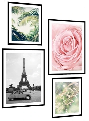 Poster - Eiffelturm, Blumen und Blätter / 4er-Set