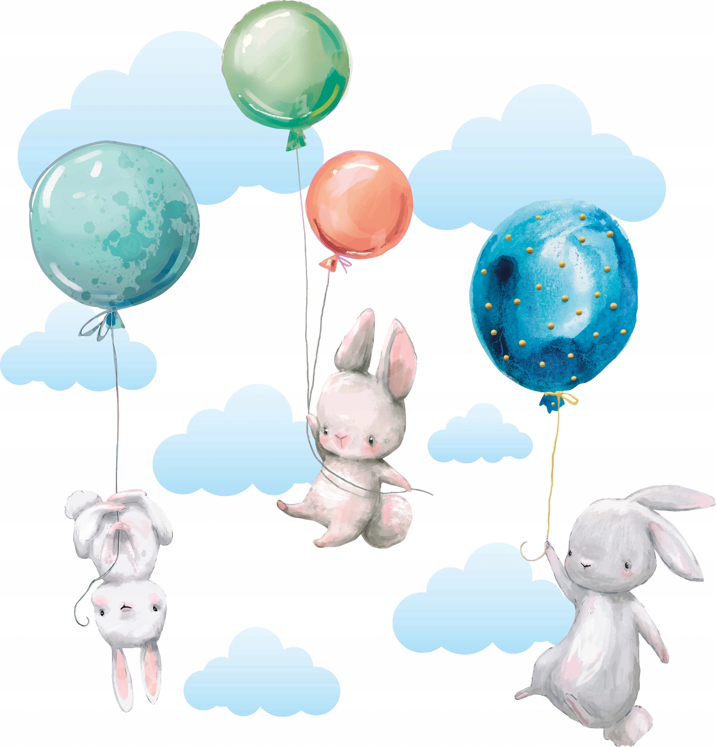 Wandtattoo - Hasen mit Luftballons und Wolken