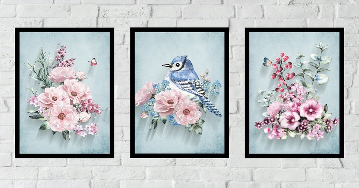 Poster - Blumen und blauer Vogel / 3er-Set
