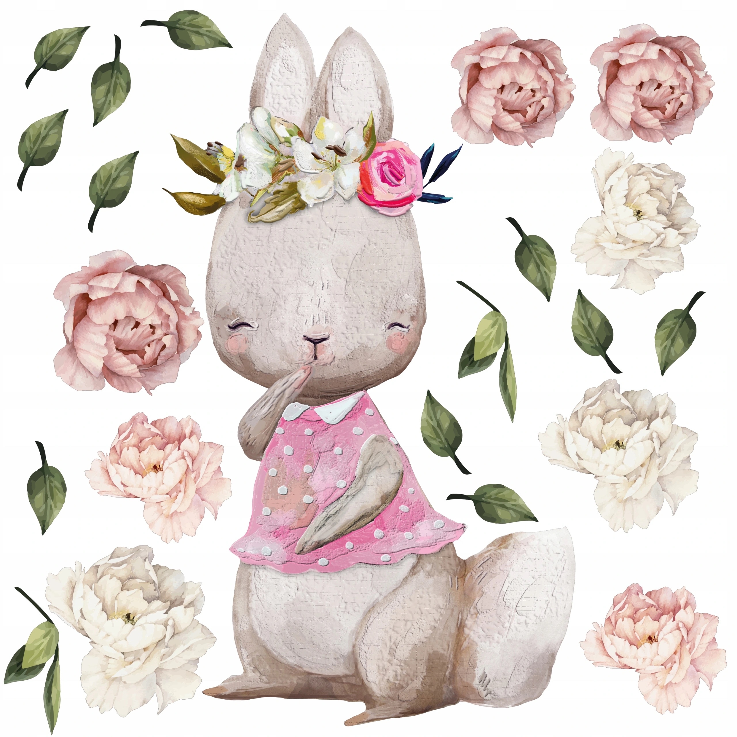 Wandtattoo - Hase mit Kranz Pfingstrosen