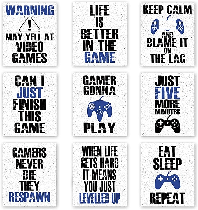 Poster – Videospiel / Inspirierende Worte / Blau und Schwarz / 9er-Set