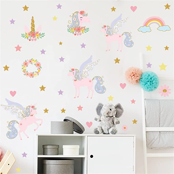 Wandtattoo - Einhörner, Blumen und Regenbogen