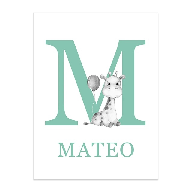 Poster - Giraffe mit Ballon / Grün/ Kundenspezifischer Text