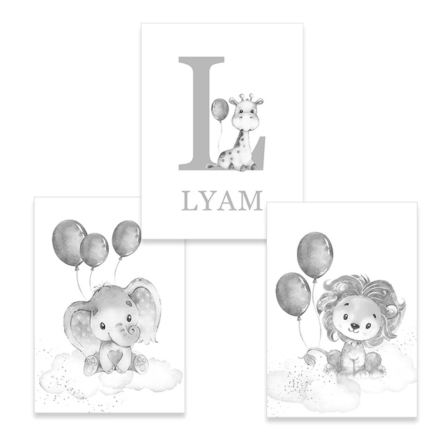 Poster - Tiere mit Luftballons / Grau / Benutzerdefinierter Text