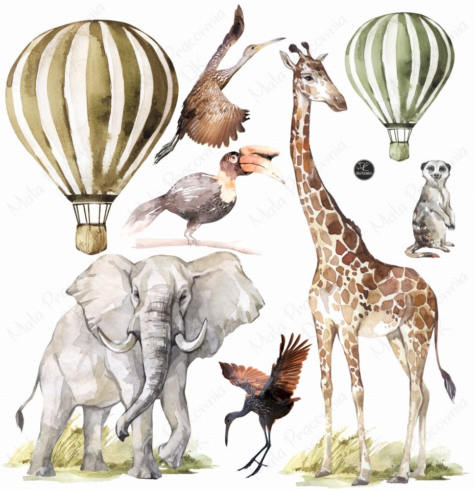 Wandtattoo - Savanne Afrika Elefant, Giraffe, Luftballon