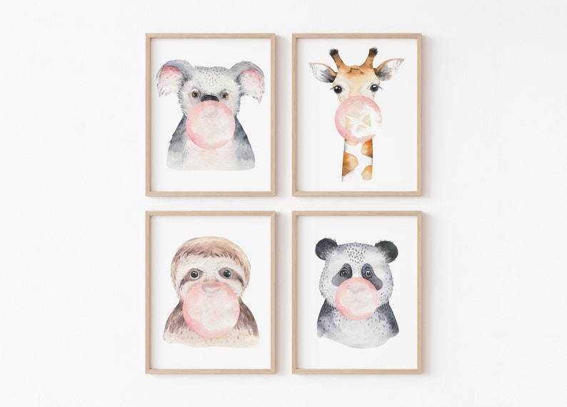 Poster – Giraffe Koala Panda Faultier mit Kaugummi / 4er-Set