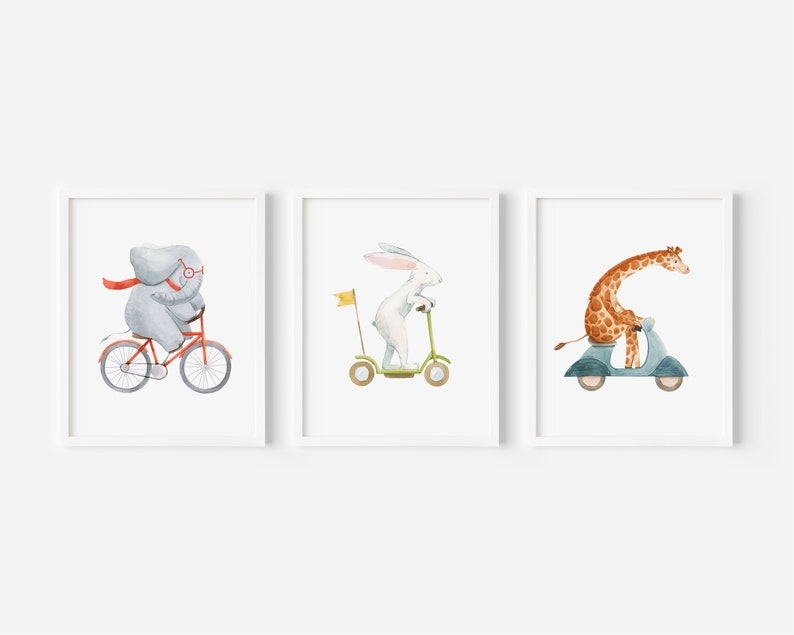 Poster - Giraffe und Freunde auf dem Fahrrad / 3er-Set