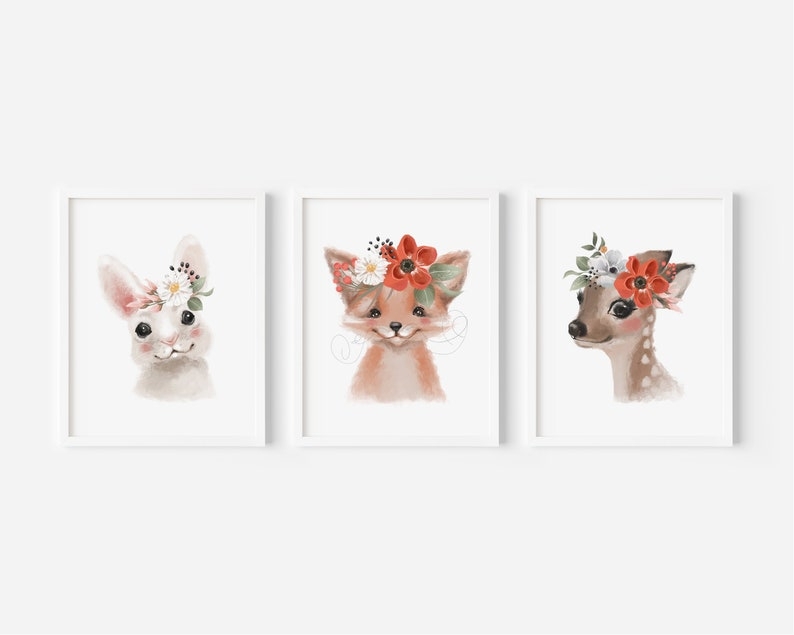 Poster - Süße Tiere mit Blumenkranz / 3er-Set