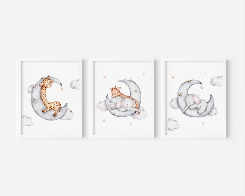 Poster - Giraffen und Elefanten auf Wolken / 3er-Set