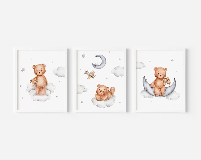 Poster - Teddybär mit Flugzeug / 3er-Set